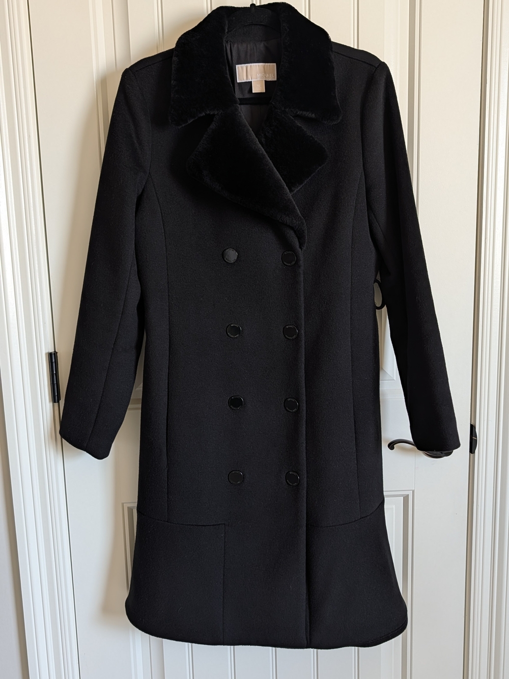 Michael Kors Black Double-Breasted Wool-Blend Coat with Real Lamb Fur Collar
